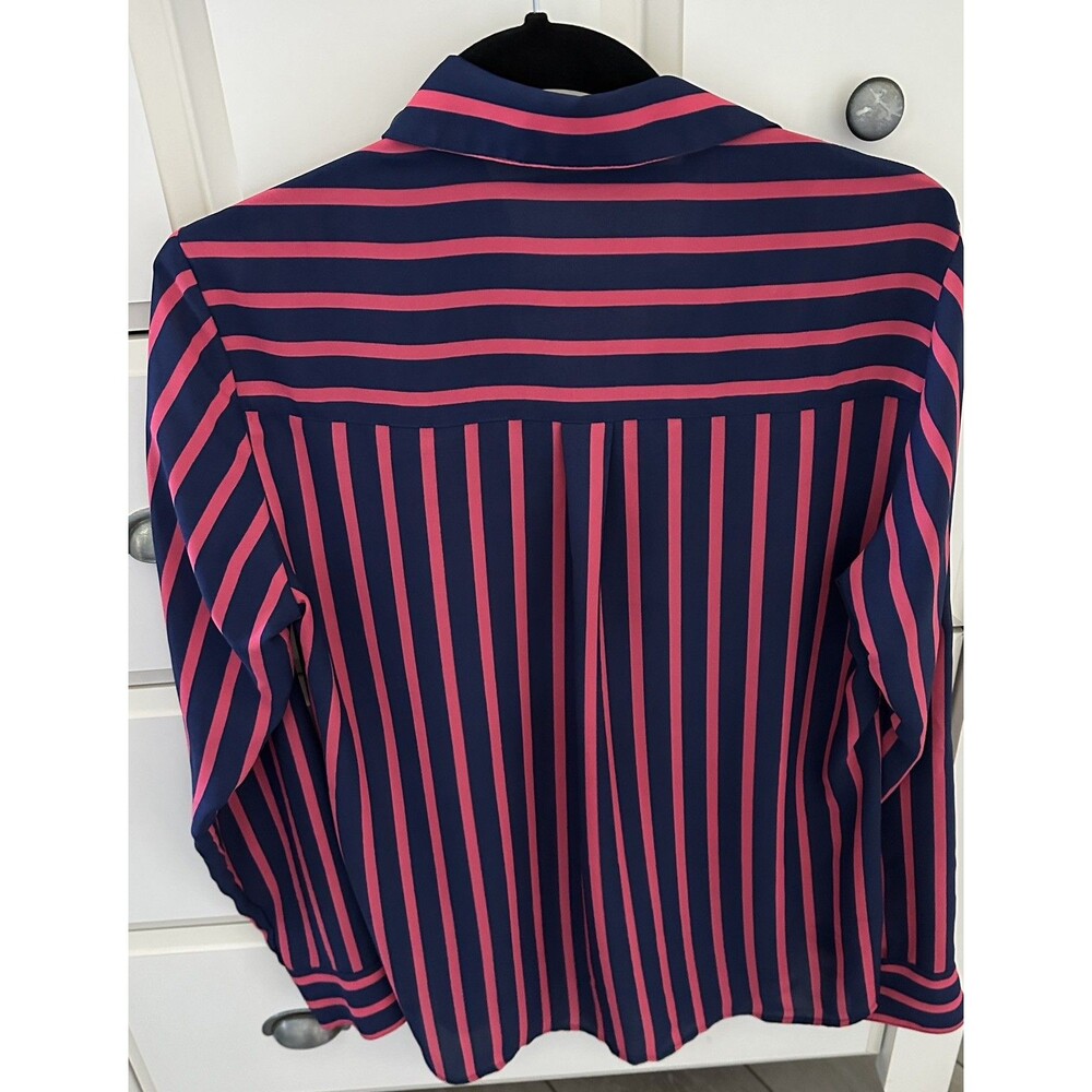 Express The Portofino Shirt Womens Navy Blue Pink Striped Blouse Roll Tab - Med - Picture 2 of 6
